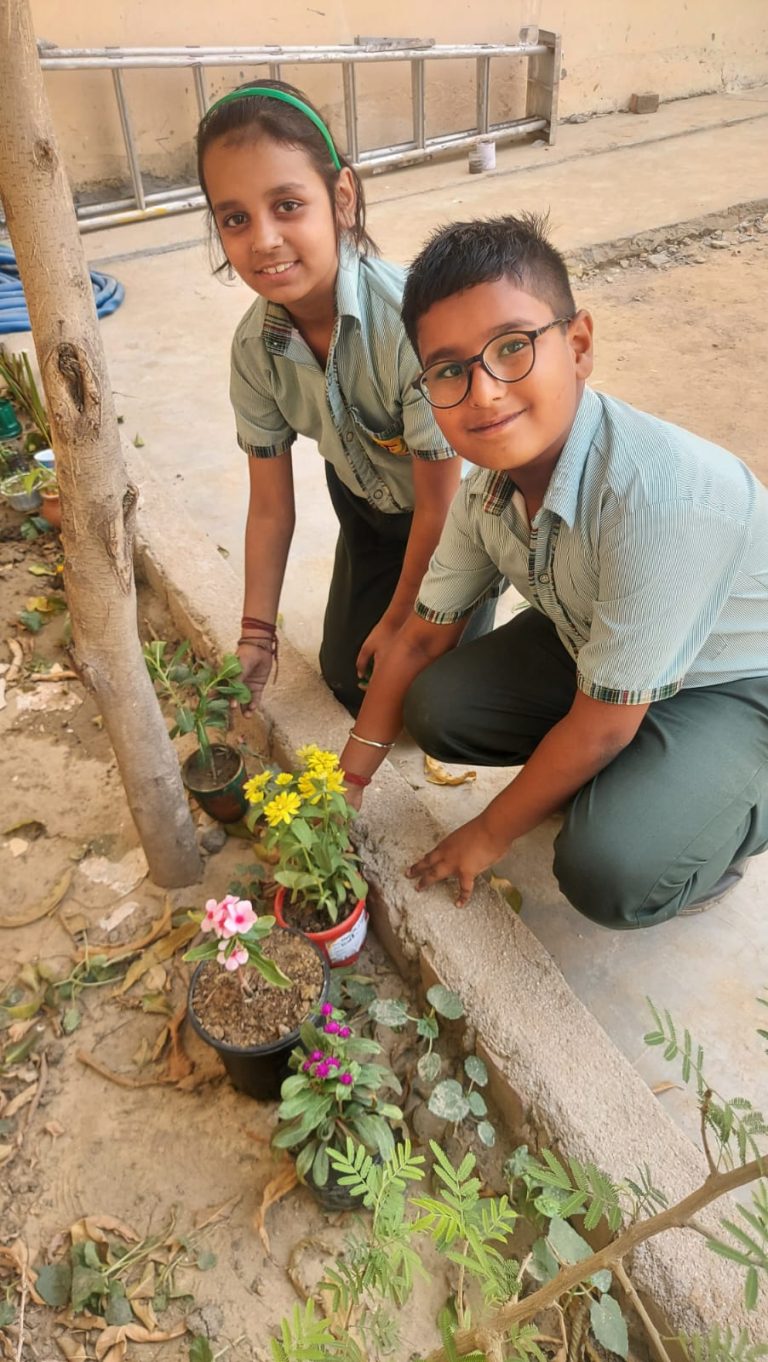 Students planting flowers during school activity