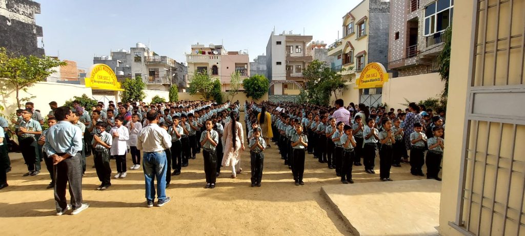 School assembly activity in courtyard